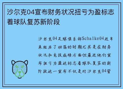 沙尔克04宣布财务状况扭亏为盈标志着球队复苏新阶段